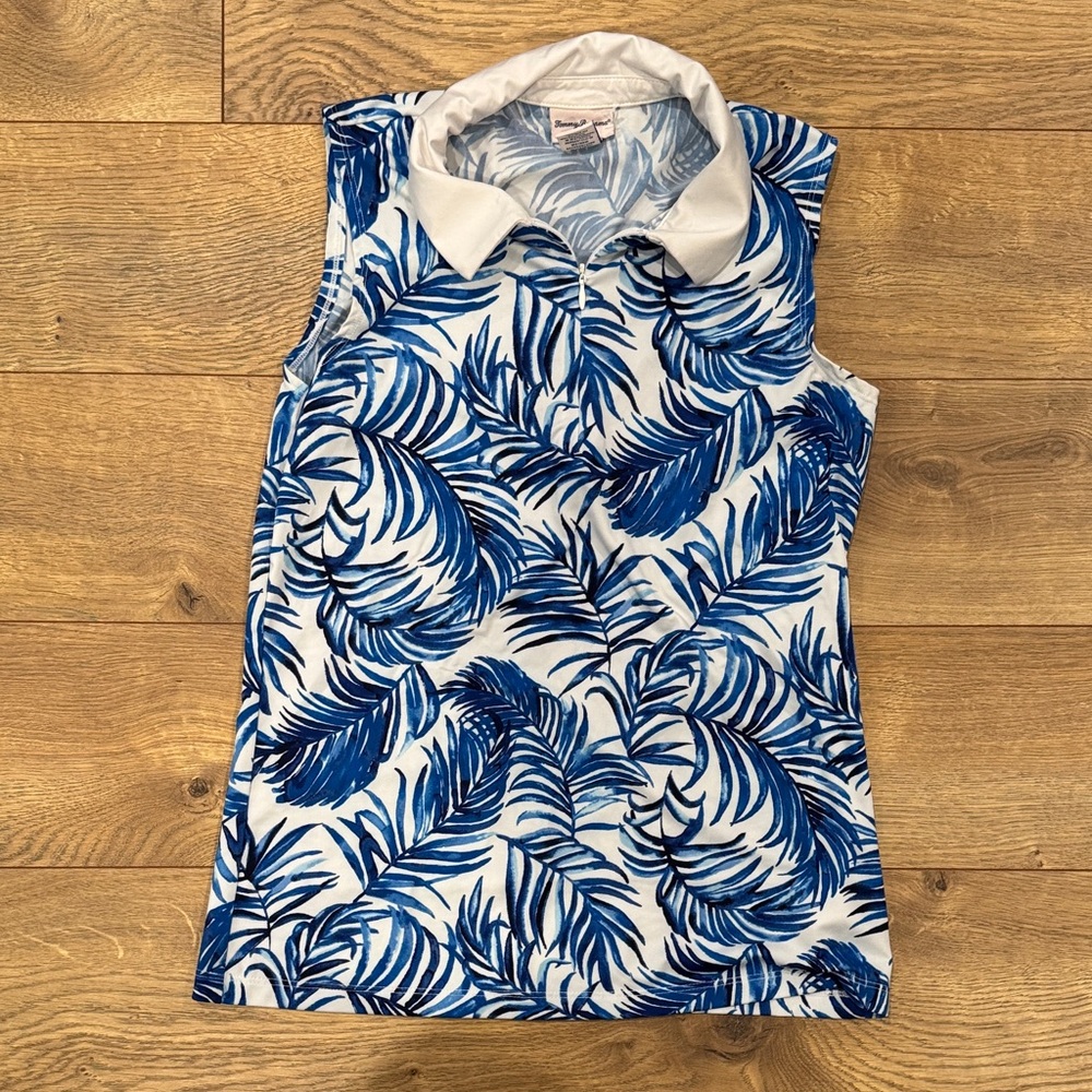 Tommy Bahama women’s golf S SmallBlue and White Leaf Print Sleeveless Polo Shirt